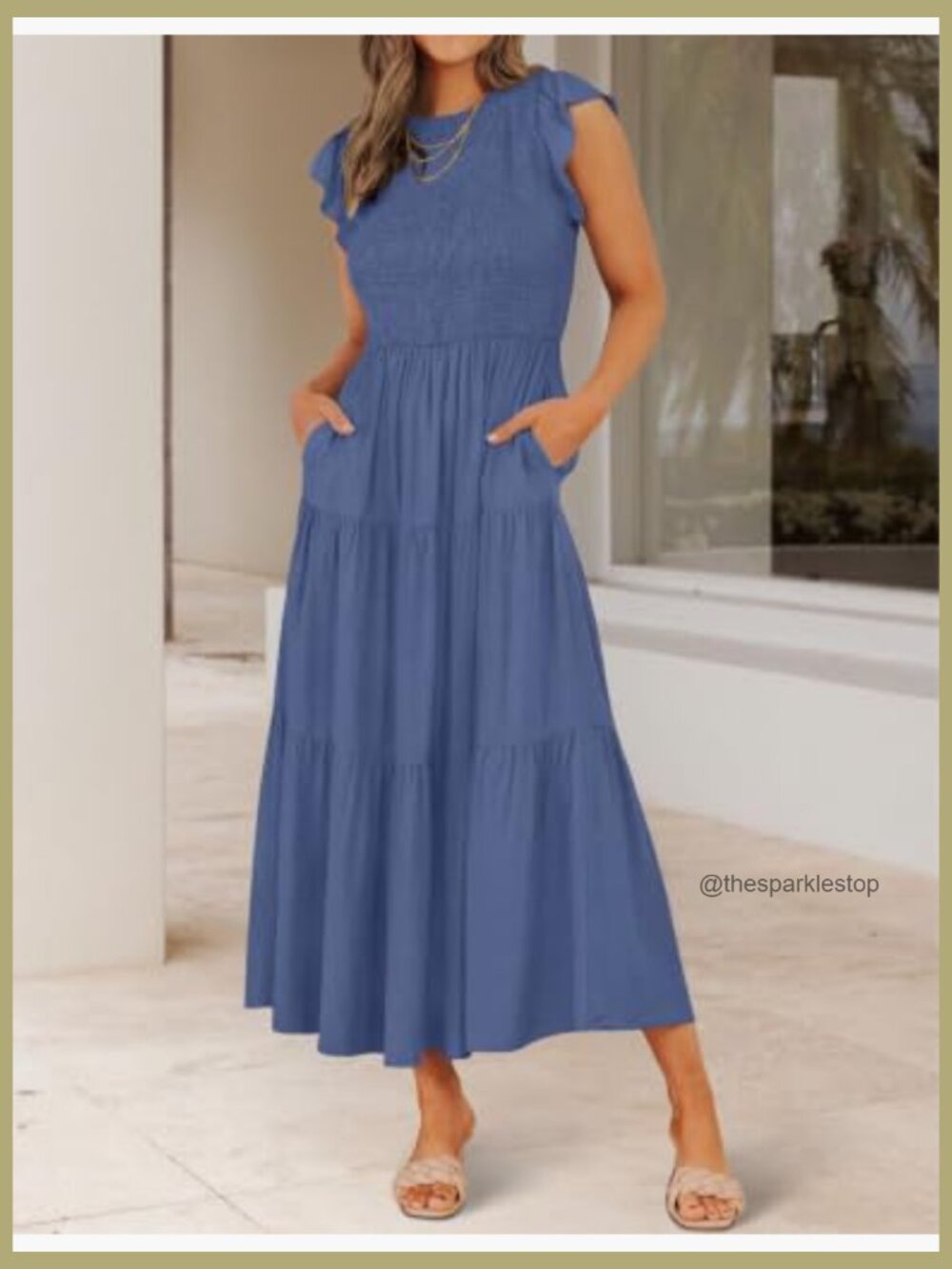 Flutter Short Sleeve Smocked Elastic Waist Tiered Midi Dress Casual Summer - Picture 3 of 7